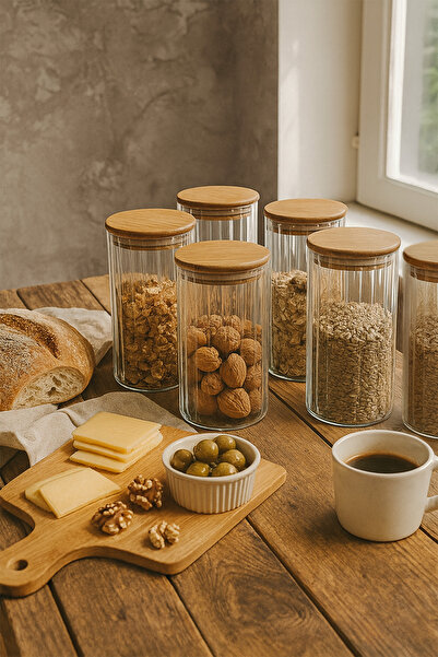 ZURİ DESİGN Airtight 6-Piece Striped Glass Breakfast Vacuum Lid Jar Set - 1095 ml