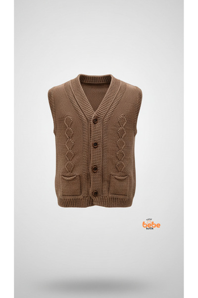 Trend Bebe Butik Erkek Çocuk Kahverengi Örgü Yelek Düğmeli Cep Detaylı Triko Süveter Rahat Günlük Şık Yelek