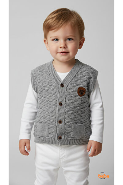 Trend Bebe Butik Erkek Bebek Örgü Yelek Düğmeli Cepli Triko Süveter Armalı Gri Yelek