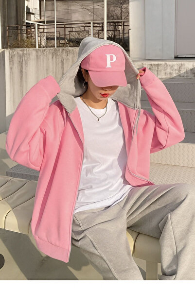 NoVibe Pembe Kapüşon Gri Baskısız 3 iplik Oversize Polar Ceket - Hırka