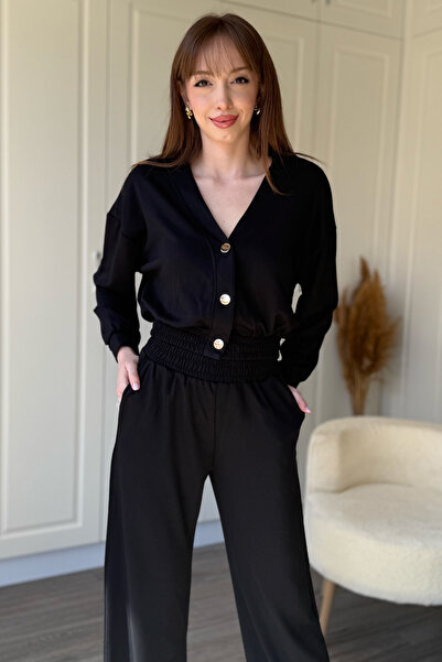 Dilay Gökoğlu Butik Modal Kumaş Gold Düğmeli Siyah Hırka Pantolon Takım