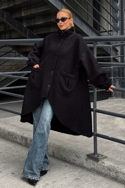 bacc Jachetă de iarnă pentru femei, neagră, cu buzunare duble, din țesătură g...