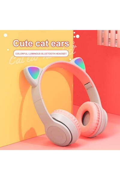 fluffy Căști wireless pentru copii, urechi de pisică, Bluetooth 5.0, handsfree, Hifi, stereo cu bas, LED, TF, gri