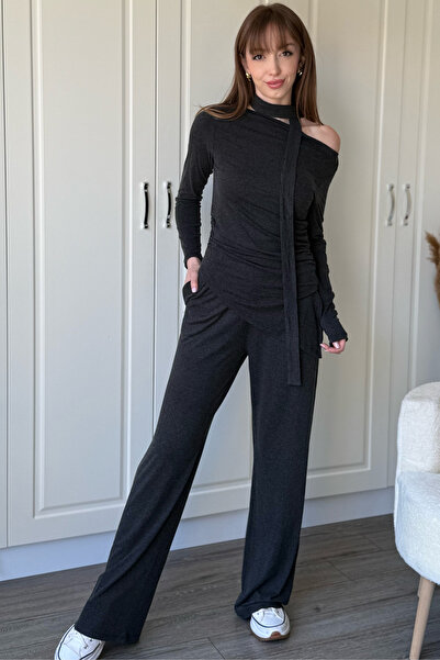 Dilay Gökoğlu Butik Asymmetrical Collar Scarf Anthracite Set