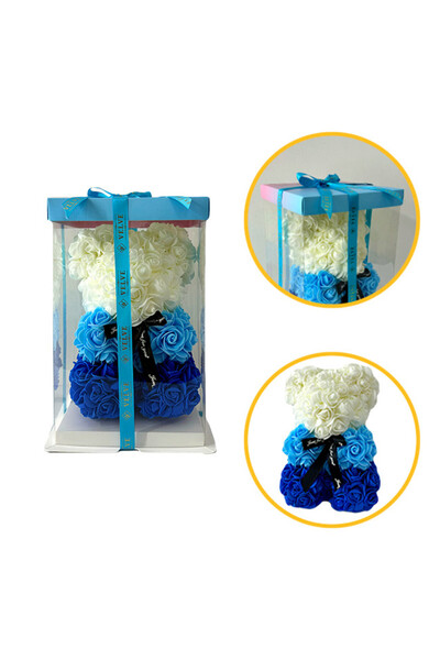 velve Ursulet Floral Teddy Bear Rainbow cu trandafiri din spuma hand-made, 25 cm, in cutie cadou, Albastru
