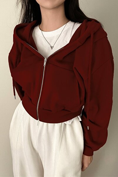 Köstebek Zippered Hooded Thick Fabric Burgundy Crop Sweatshirt