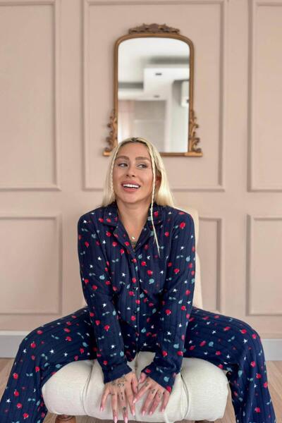 Pijamaevi Navy Blue Star Patterned Front Buttoned Plush Fleece Pajama Set