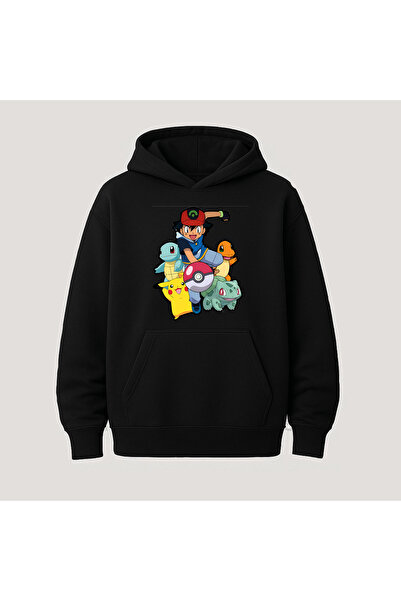 SVART WEAR Покемон принт кангару джоб памучна качулка с дълъг ръкав суитшърт