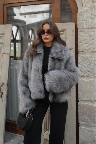 Havoş Gray Front Zippered Faux Fur Jacket