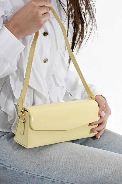 Grsbags Κίτρινη δερμάτινη μικρή γυναικεία τσάντα χειρός και ώμου τύπου μπαγκέτα