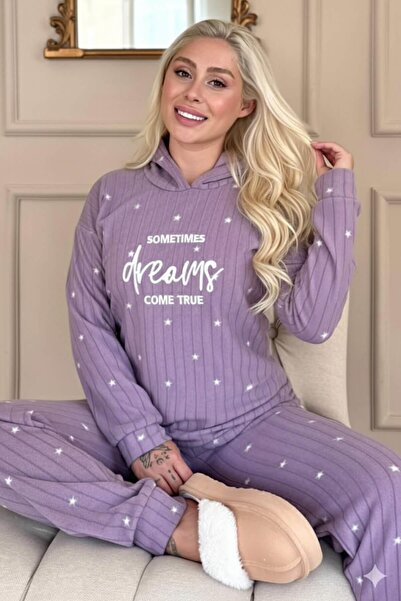 Pijamaevi Lila Dreams Patterned Hooded Plush Fleece Pajama Set