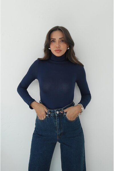 Havoş Navy Blue High Neck Transparent Blouse