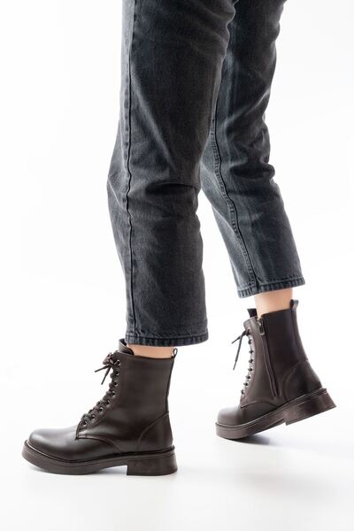 Rainon Store Elegant Steps, All-Day Comfort - 02-356 Brown Flat Heel Lace-Up Zipper Boots