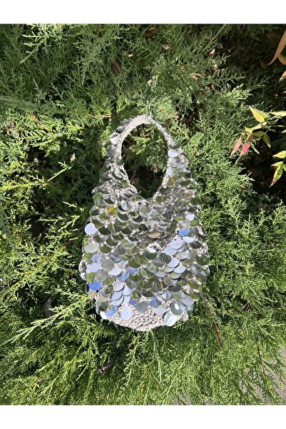 EL YAPIMI Gümüş File Pullu Çanta