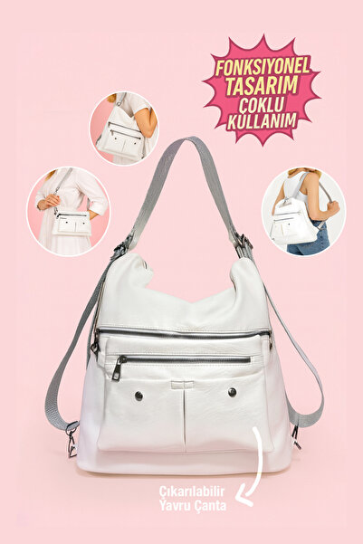 westbag Geantă de umăr și rucsac din piele albă Shebella cu curea reglabilă