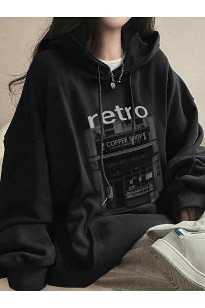 Framgan Unisex Erkek/Kadın Retro Baskılı Kapüşonlu Pamuklu Sweatshirt Hoodie