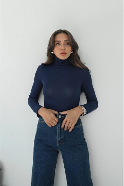 Havoş Navy Blue High Neck Transparent Blouse