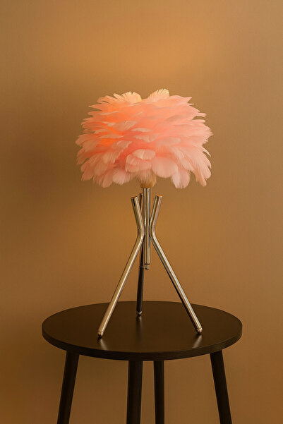 Natiorj Özel Krom Metal Tripod Ayaklı Pembe Kuş Tüyü Abajur Model Masa Lambas...