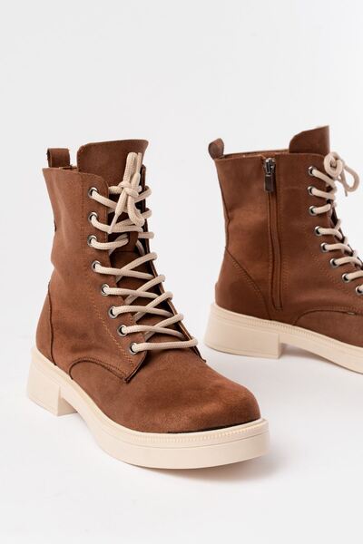 Rainon Store Elegant Steps, All-Day Comfort - 02-356 Tan Suede Flat Heel Lace-Up Zipper Boots