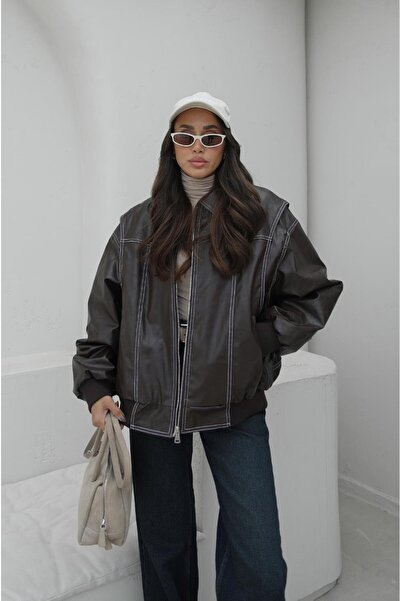 Havoş Brown Stitched Detailed Lined Leather Jacket