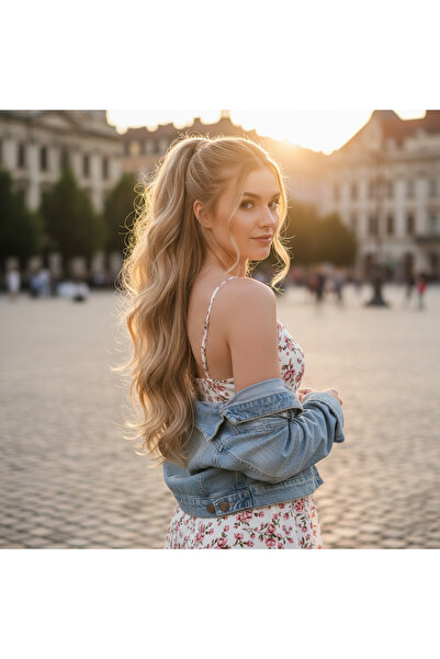 Afrodit Giyim ذيل حصان مموج مربوط / كراميل بلاتينيوم