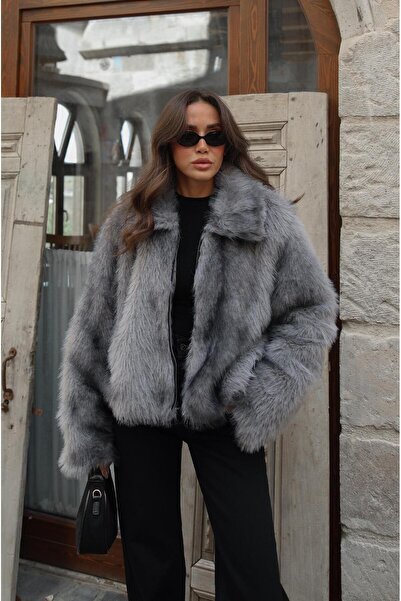 Havoş Gray Front Zippered Faux Fur Jacket