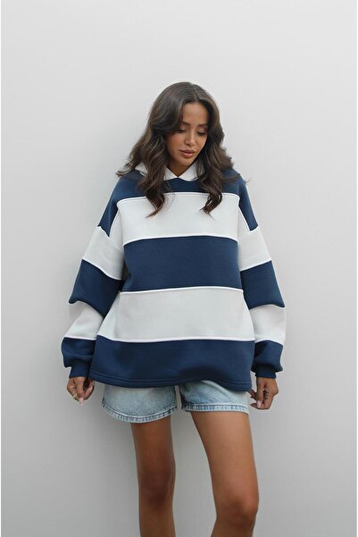 Havoş Námořnická modrá mikina s tlustými pruhy a žebrovaným vzorem