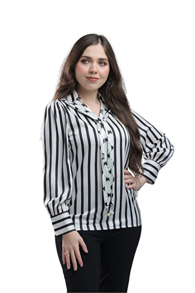 SUGA Women's Satin Striped Long Sleeve Blouse with Foulard