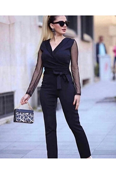 Butik Aura Mou Women's Long Sleeve Double-Breasted Collar Sleeves with Tulle Detail Waist Belted Imported Crepe Jumpsuit
