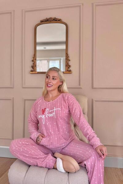 Pijamaevi Pink My Heart Patterned Kangaroo Pocket Plush Fleece Pajama Set
