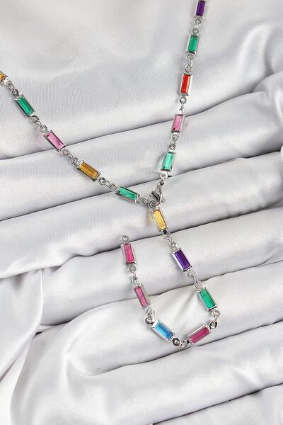 Inure Jewelry قلادة نسائية على شكل حجر الزركون الملون من النحاس على شكل مستطي...