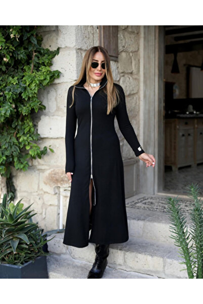 buğrahayalin Women's long sleeve maxi viscose two-thread dress with front zipper