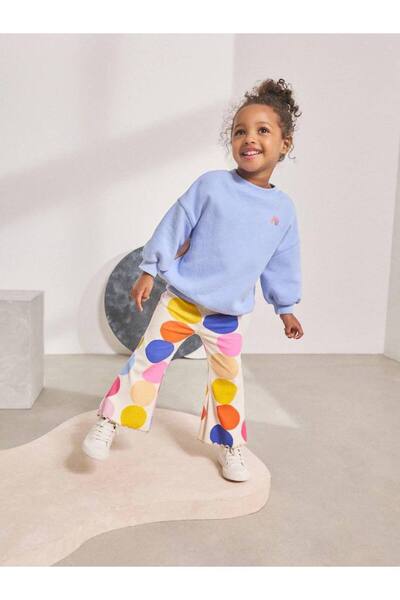 MİO Kız Çocuk Pamuklu Mavi Sweatshirt ve Renkli Puantiyeli Flare Pantolon Takım