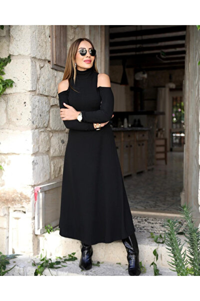 buğrahayalin    Women's Turtleneck Off-The-Shoulder Long Sleeve Janjan Crepe Dress