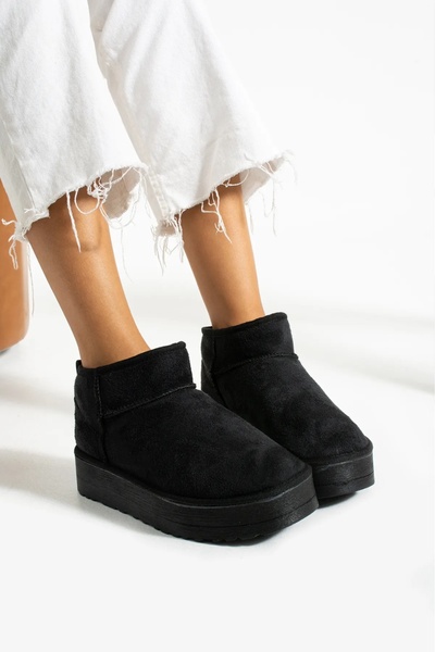 Barka Kadın Siyah Süet İçi Kürklü Yüksek Kalın Taban Kışlık Bot & Bootie