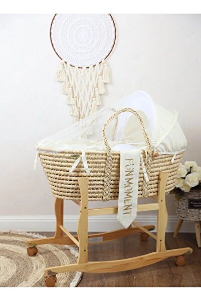 Fun Moment Baby Moses Basket with Mosquito Net and Wooden Stand with Wheels