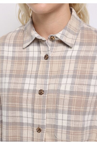 Colin's Regular Fit Shirt Neck Ekoseli Kadın Bej Uzun Kol Gömlek