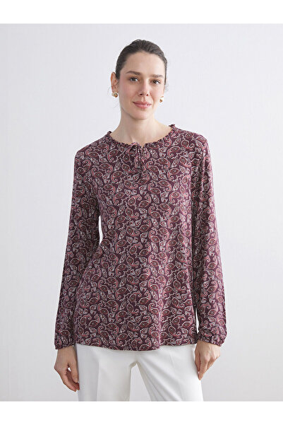 LC Waikiki Kirmizi Bağlamalı Yaka Desenli Bluz