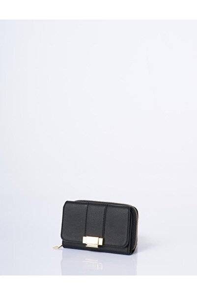 Kayra Gold Buckle Zippered Wallet Black