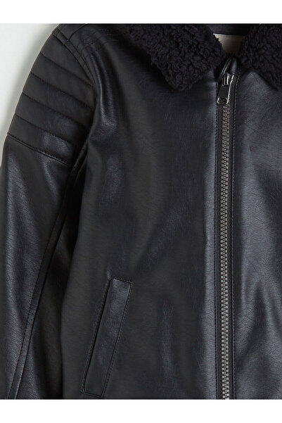 LC Waikiki Lcw kids black plush collar leather look boys' jacket