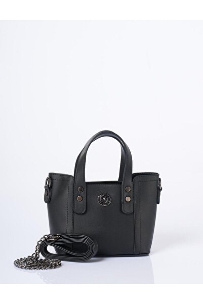 Kayra Monogram Logo Faux Leather Tote Bag with Chain Shoulder Strap Black