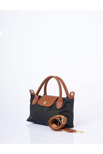 Kayra Medium Size Fabric Shoulder Bag with Snap Detail Black