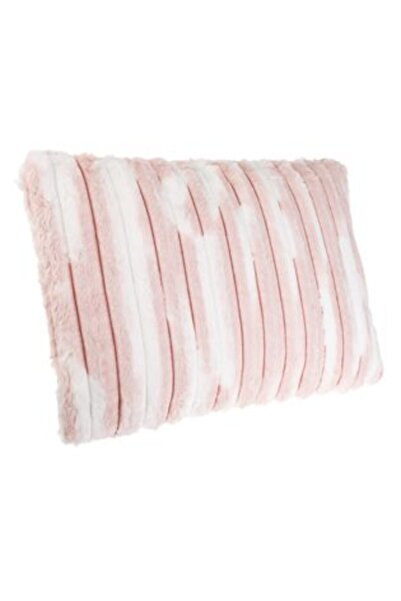 Jumbo Decorative Pillow Pink Ecru Faux Fur with Embossed Stripe Pattern for Sofa 55 x 37 cm