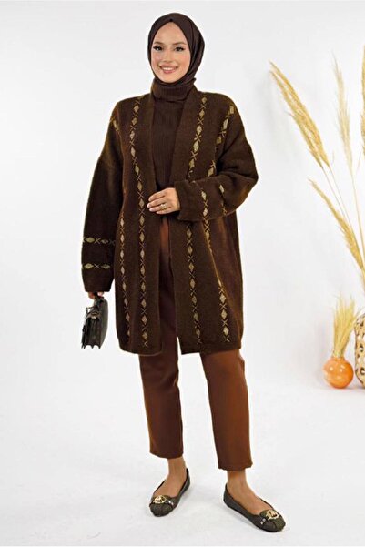 TRENDTESETTÜR Women's Brown Patterned Cardigan t 72381
