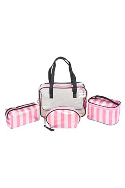 Jumbo Set of Makeup Bags Pink with Black Stripes (4 sizes) - 4 pieces