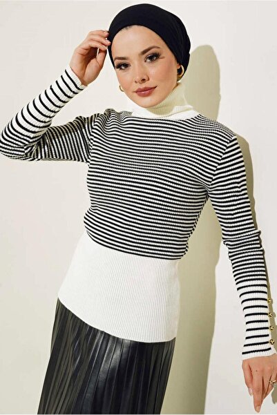 TRENDTESETTÜR Women's Cream Striped Knitwear Sweater t 3304