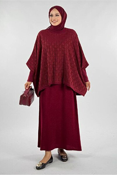 TRENDTESETTÜR Women's Burgundy Patterned Poncho t 52381