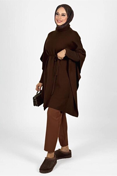 TRENDTESETTÜR Women's Brown Belt-Fastened Poncho t 80381