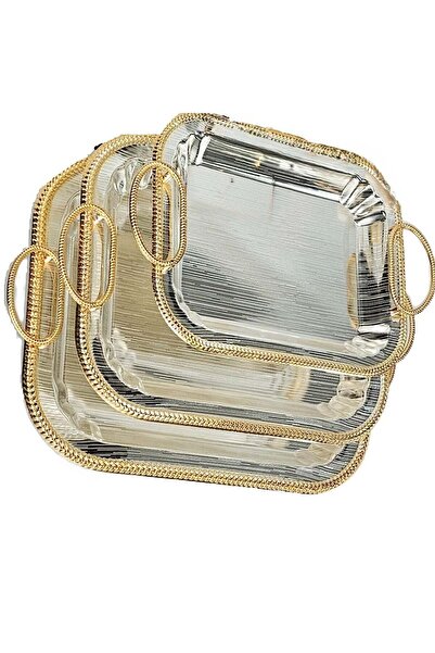 LUXURY مجموعة من 3 صواني تقديم من الفولاذ المقاوم للصدأ عالي الجودة باللون الفضي الأنيق والذهبي