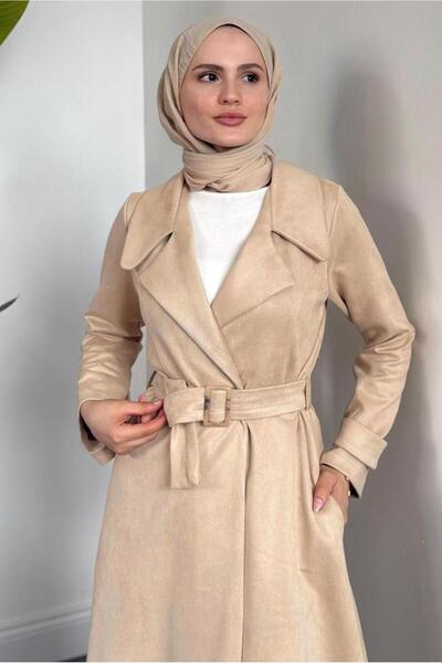 TRENDTESETTÜR KADIN BEJ SÜET TRENÇKOT T 6426